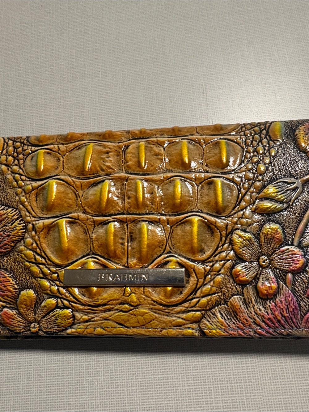 Brahmin Yellow-Brown Wallet with Pink Floral Embossing - Picture 4 of 4